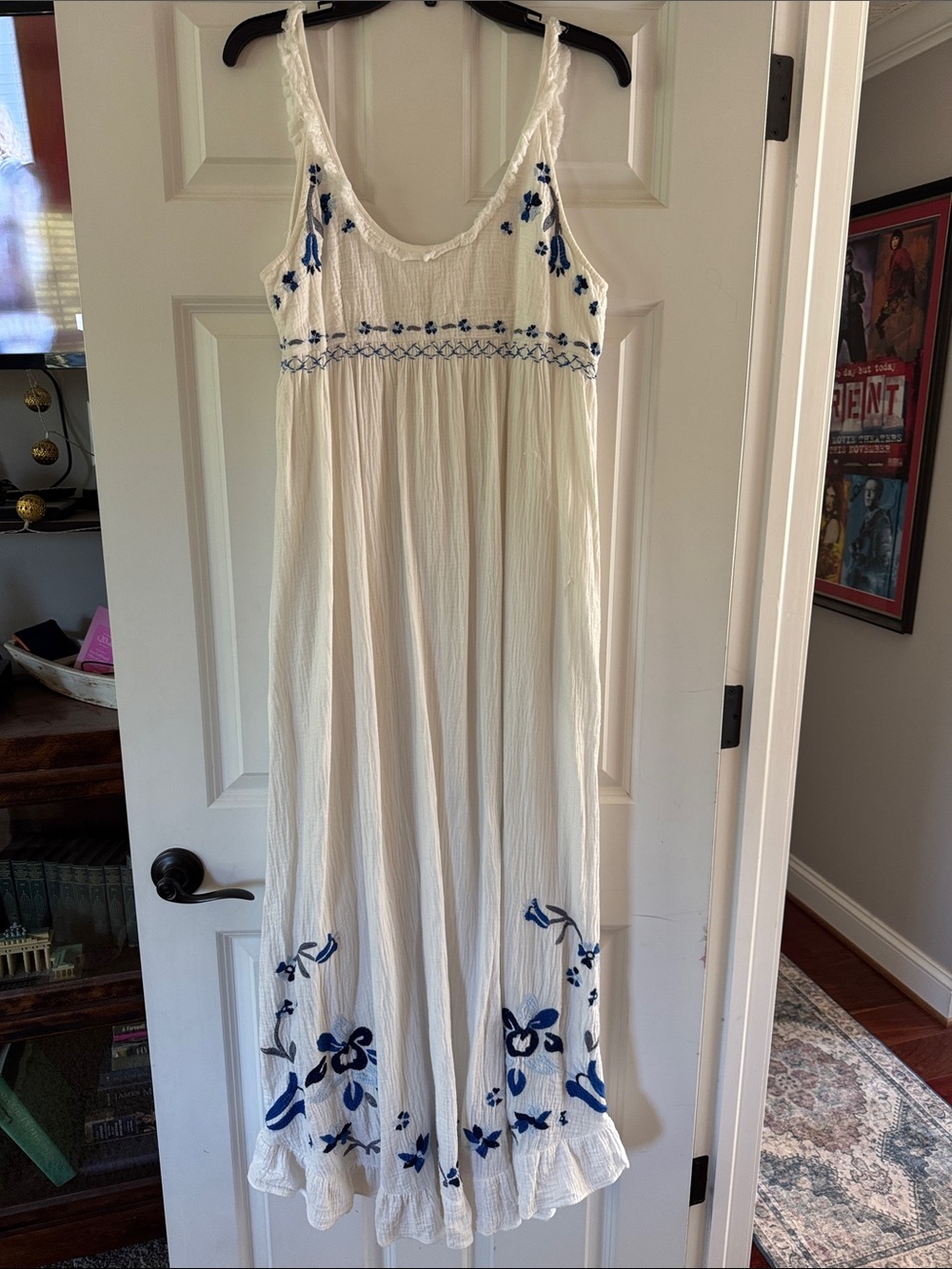 Free People White Maxi Dress with Blue Embroidered Accents